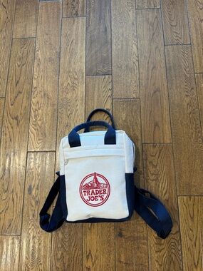 Trader Joes Cream and Navy Canvas mini Backpack Tote hard to find